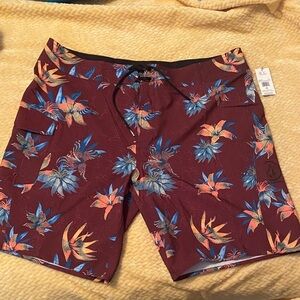 NWT Volcom Men's Floral Board Shorts - Burgundy and Blue